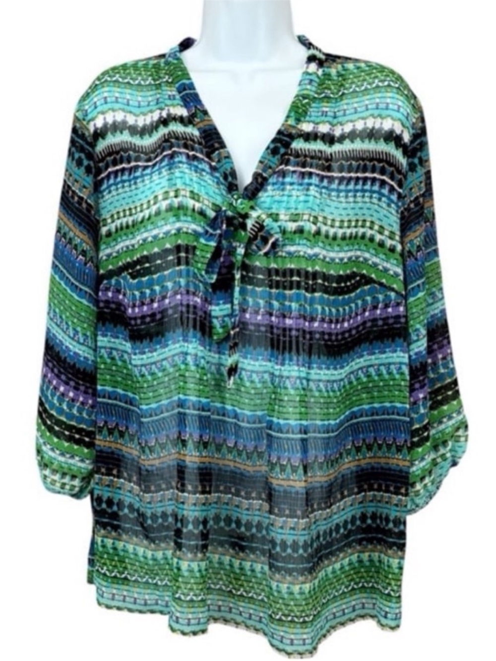 Lane Bryant Green and Blue Striped Tie-Neck Blouse